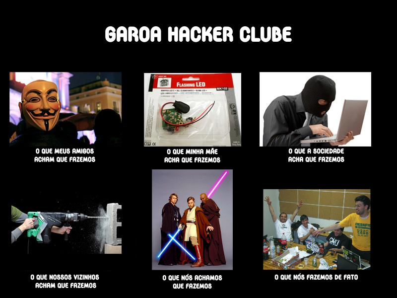 Inspirados pelo pessoal do Hackerspace de Baltimore, nós do Garoa Hacker Clube adaptamos uma imagem que resume, de uma forma engraçada e descontraída, como as pessoas em geral enxergam um hackerspace como o Garoa