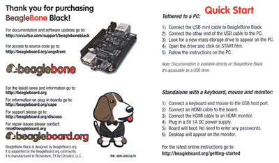 Folheto que vem na caixa do BeagleBone Black: a dica é ligá-lo no computador via USB como se fosse um HD externo e ler o arquivo start.htm